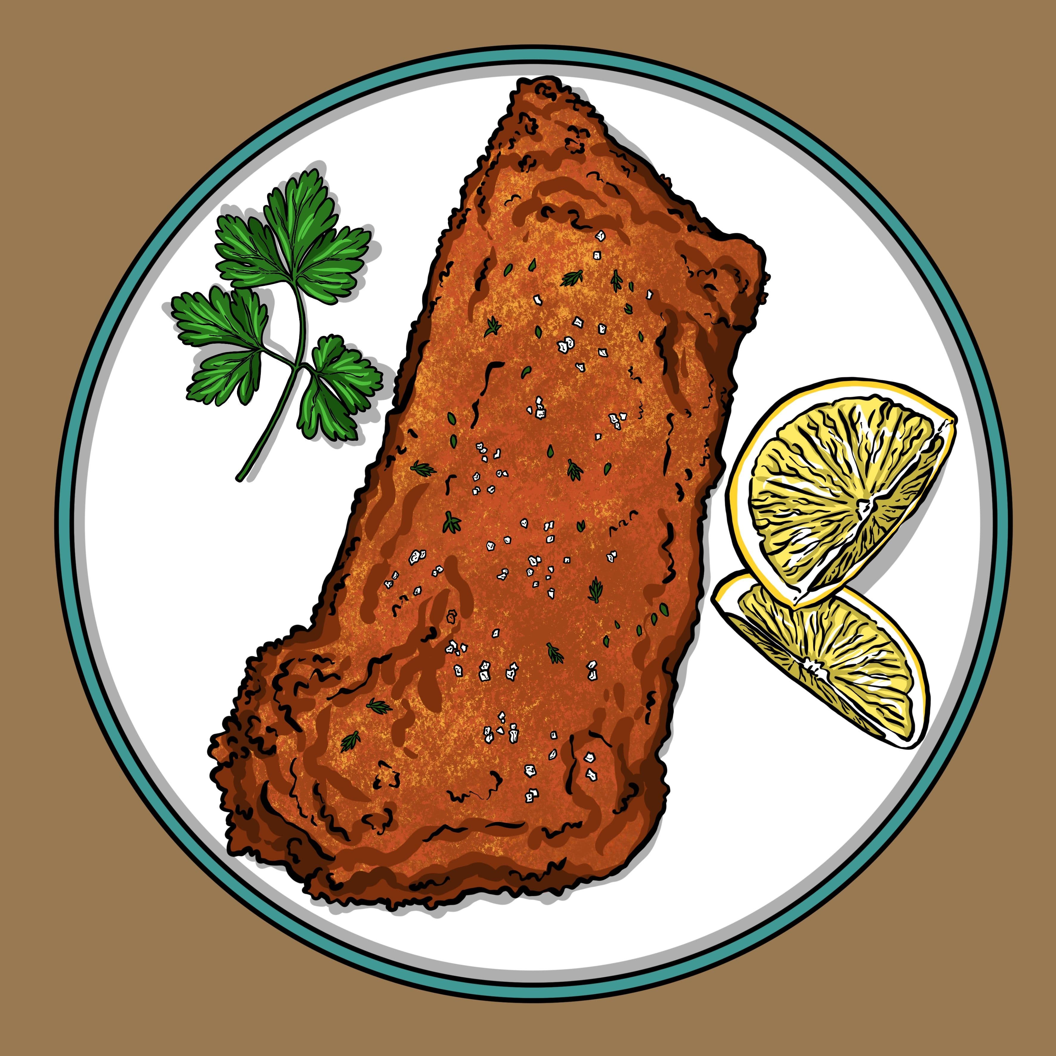 An illustration of a milanesa fried cutlet plate: a breaded piece of chicken, pork, or beef steak pan fried golden brown, served with lemon and sides.