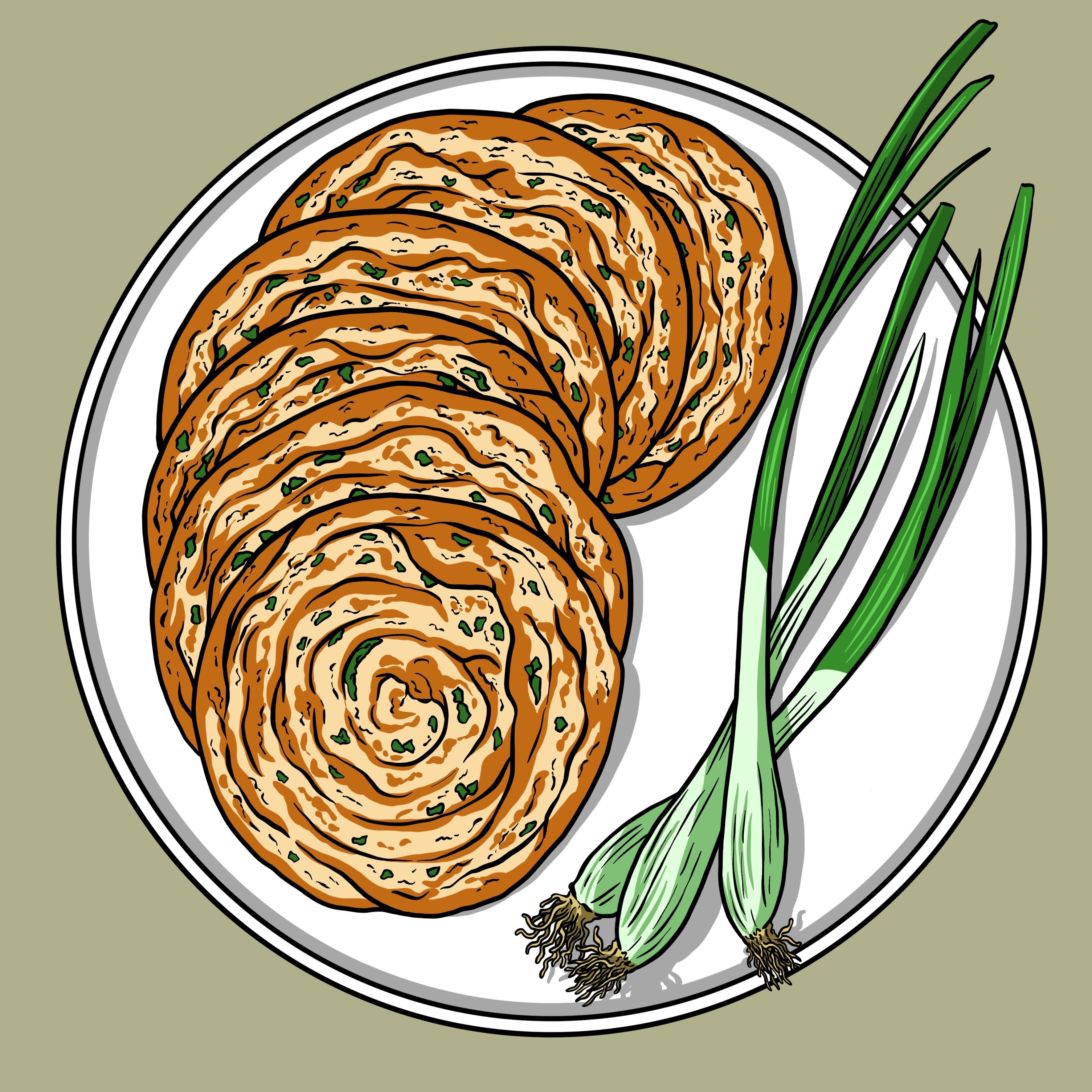 A plate of scallion green onion chinese pancakes sliced up into crispy pieces with a soy sauce dipping sauce.