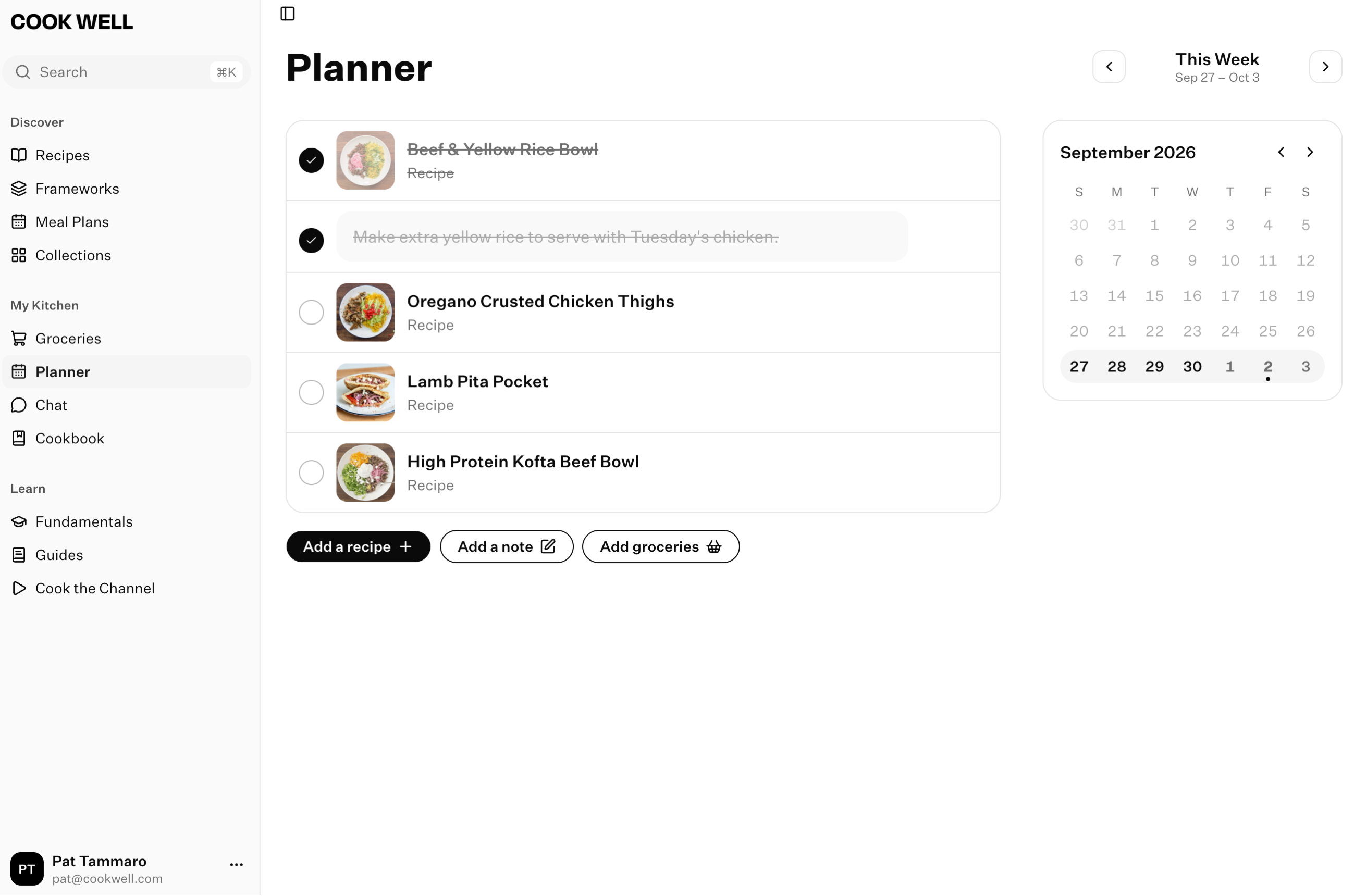 The Cook Well planner in your browser: a week of dinners